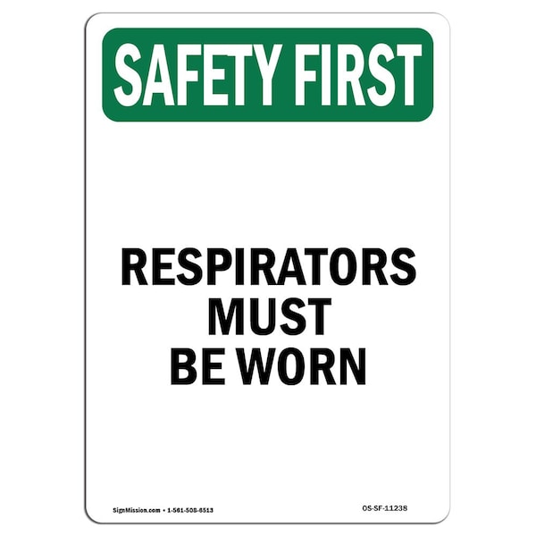 OSHA Sign, Respirators Must Worn, 5in X 3.5in Decal, 10PK, 3.5" W, 5" H, Portrait, PK10